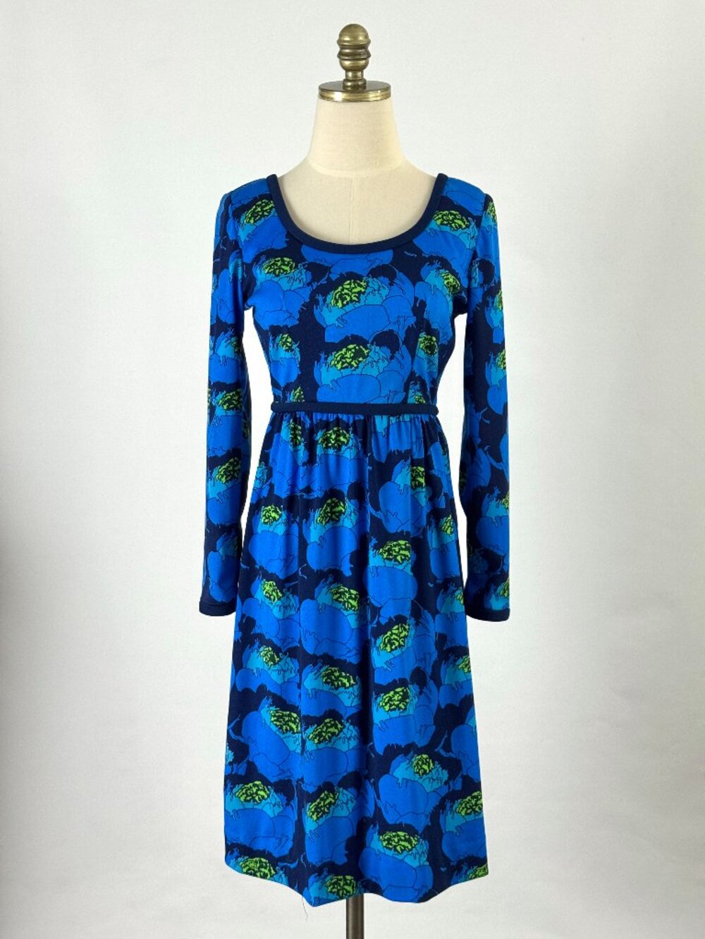 Vtg 60s Blue Floral Mod Long Sleeve Dress Flower Power Retro MCM Psychedelic